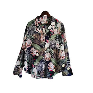 Umgee Tropical Tucan Leaf Forest Print Long Sleeve Shirt Button Up Size M